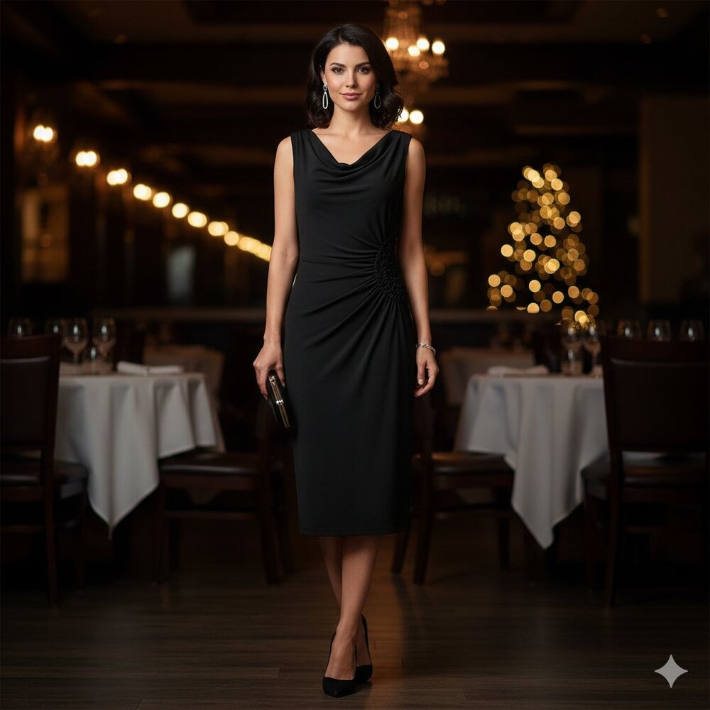 Grace Elements Black Cowl Neck Ruched Bodycon Midi Dress Size S